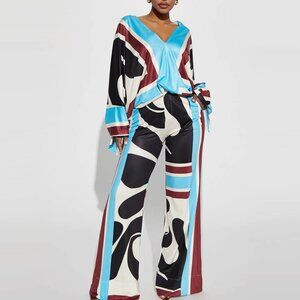 Boho Abstract Printed Batwing Top and Wide Leg Pant Set